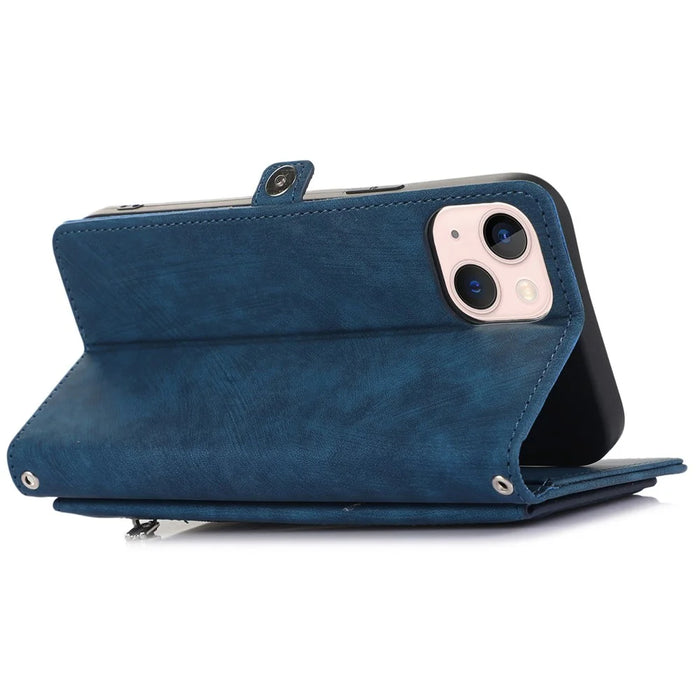 For iPhone 15 Case Zipper Pocket 9 Card Slots PU Leather Phone Cover with Wrist Strap - Blue - 4
