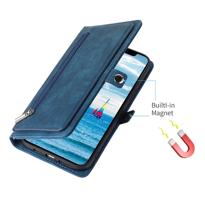 For iPhone 15 Case Zipper Pocket 9 Card Slots PU Leather Phone Cover with Wrist Strap - Blue - 5