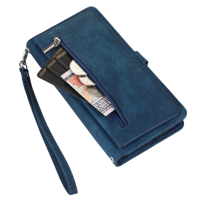 For iPhone 15 Case Zipper Pocket 9 Card Slots PU Leather Phone Cover with Wrist Strap - Blue - 7