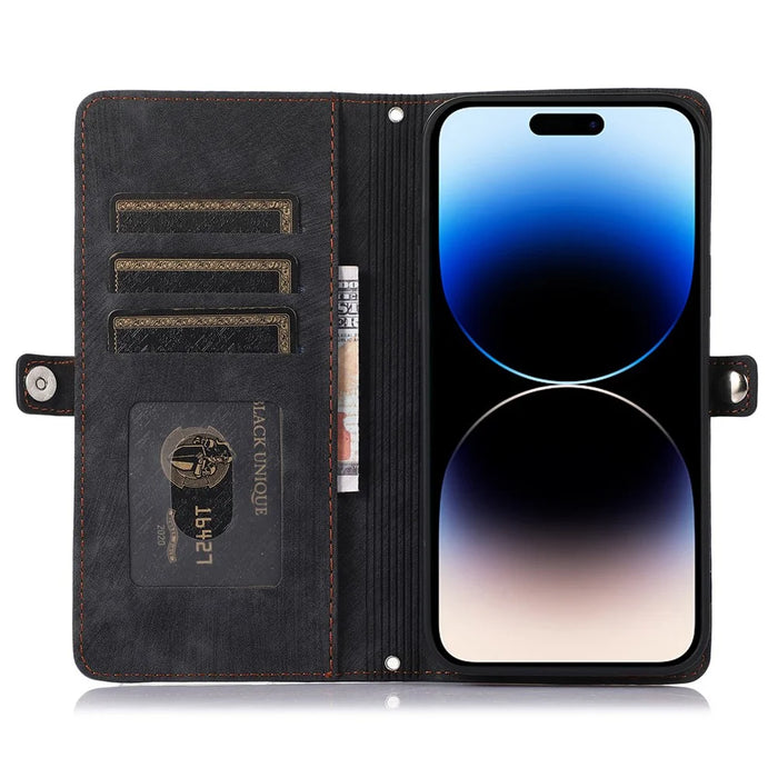 For iPhone 15 Pro Max Case Zipper Pocket 9 Card Slots PU Leather Phone Cover with Wrist Strap - Black - 3