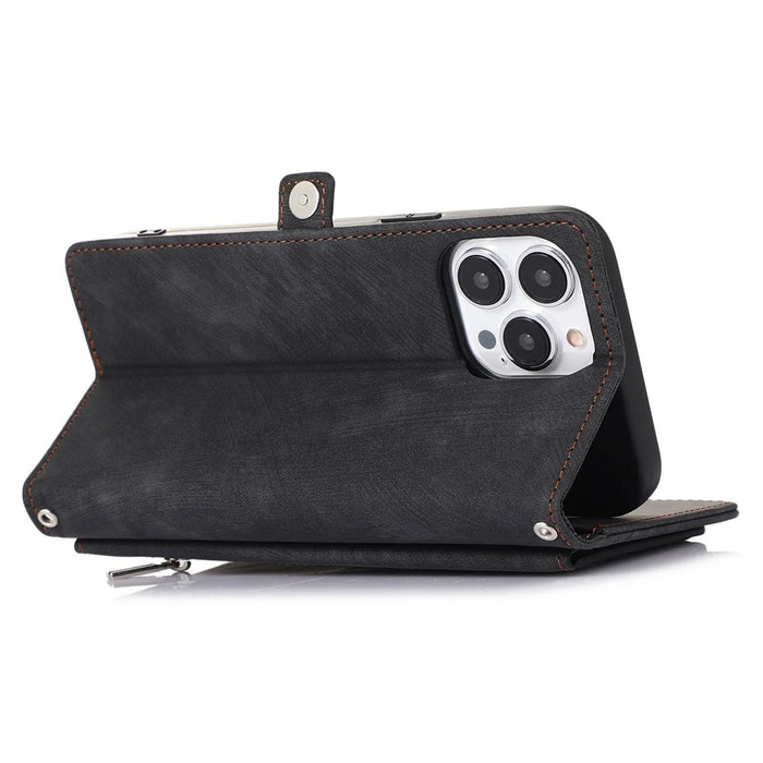 For iPhone 15 Pro Max Case Zipper Pocket 9 Card Slots PU Leather Phone Cover with Wrist Strap - Black - 4