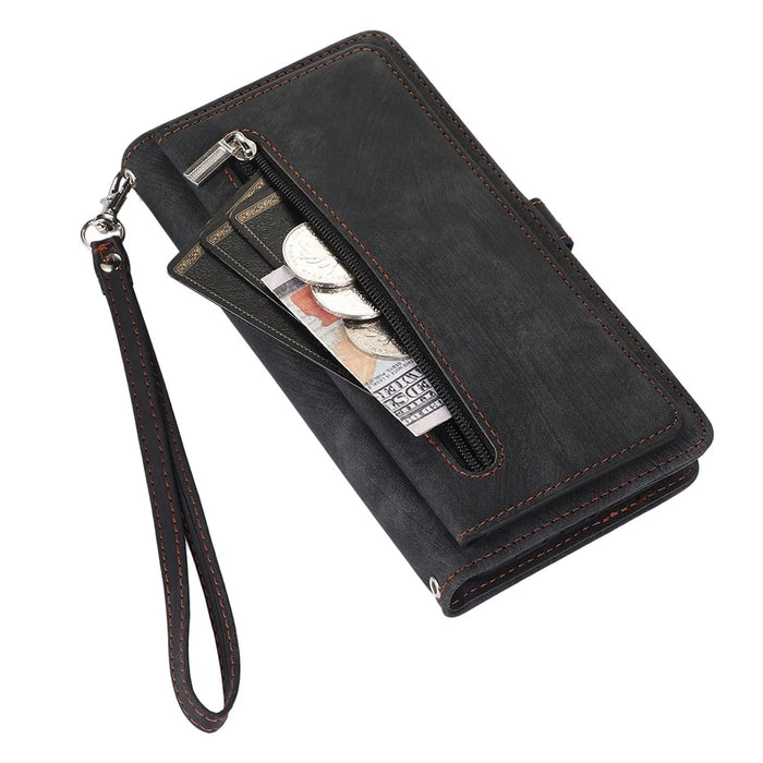 For iPhone 15 Pro Max Case Zipper Pocket 9 Card Slots PU Leather Phone Cover with Wrist Strap - Black - 7