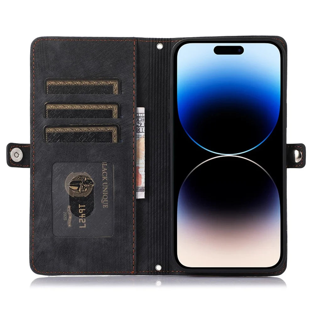 For iPhone 15 Pro Case Zipper Pocket 9 Card Slots PU Leather Phone Cover with Wrist Strap - Black - 3