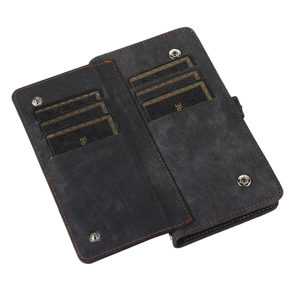 For iPhone 15 Pro Case Zipper Pocket 9 Card Slots PU Leather Phone Cover with Wrist Strap - Black - 6