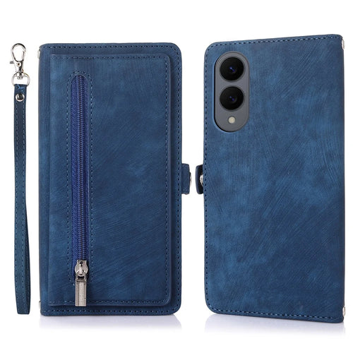 For Samsung Galaxy S25 Edge Case Zipper Pocket 9 Card Slots PU Leather Phone Cover with Wrist Strap - Blue - 1