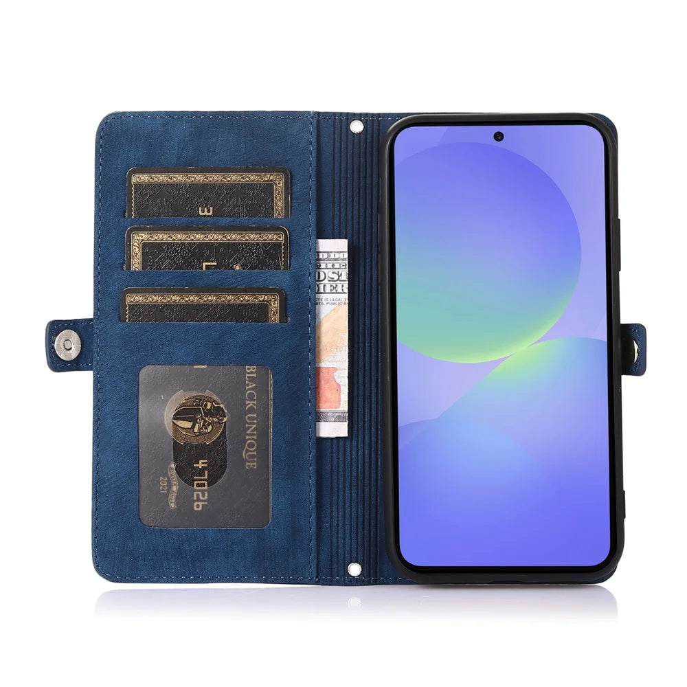 For Samsung Galaxy S25 Edge Case Zipper Pocket 9 Card Slots PU Leather Phone Cover with Wrist Strap - Blue - 2