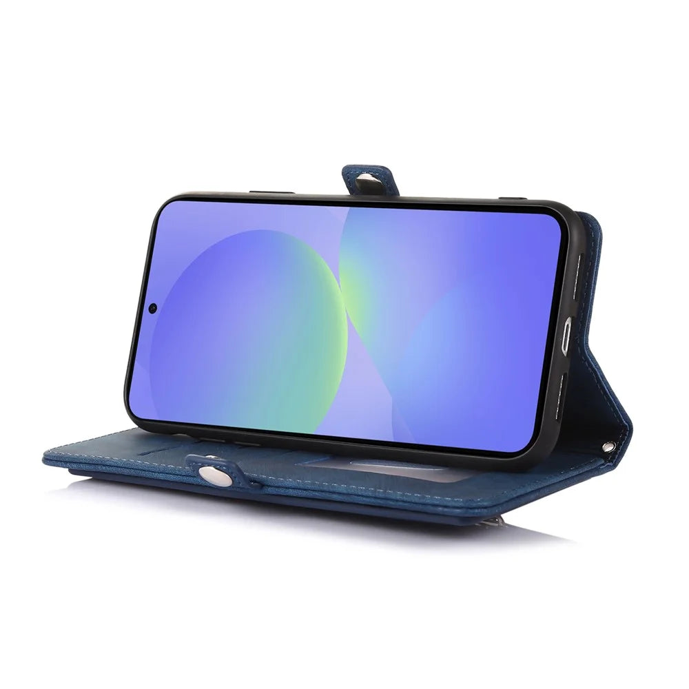 For Samsung Galaxy S25 Edge Case Zipper Pocket 9 Card Slots PU Leather Phone Cover with Wrist Strap - Blue - 3
