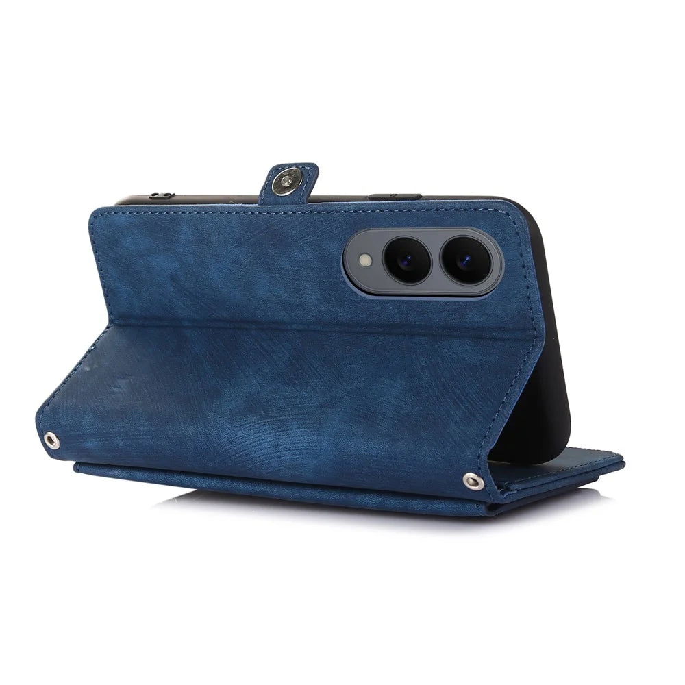 For Samsung Galaxy S25 Edge Case Zipper Pocket 9 Card Slots PU Leather Phone Cover with Wrist Strap - Blue - 4