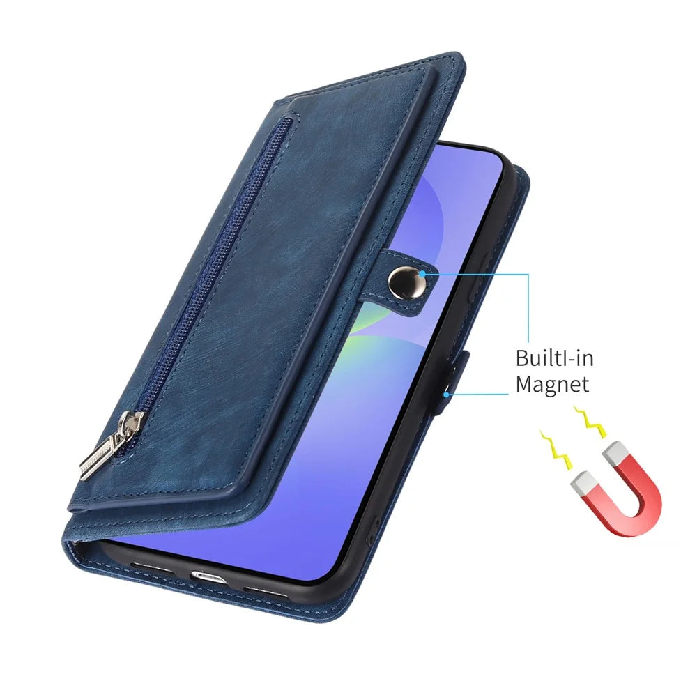 For Samsung Galaxy S25 Edge Case Zipper Pocket 9 Card Slots PU Leather Phone Cover with Wrist Strap - Blue - 6