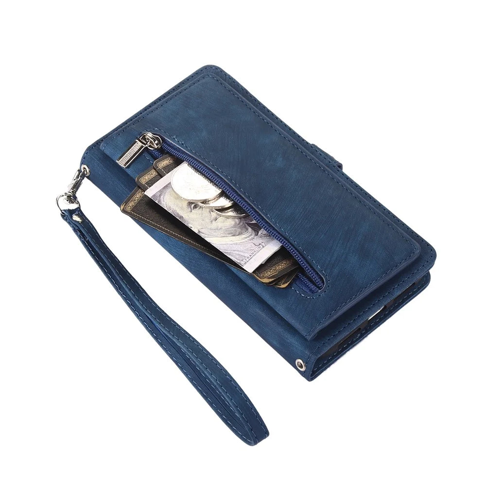For Samsung Galaxy S25 Edge Case Zipper Pocket 9 Card Slots PU Leather Phone Cover with Wrist Strap - Blue - 7