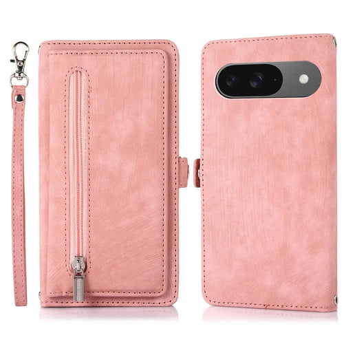 Phone Case For Google Pixel 10 / 10 Pro / 9 / 9 Pro , Zipper Pocket 9 Card Slots PU Leather Cover with Wrist Strap - Rose Gold - 1
