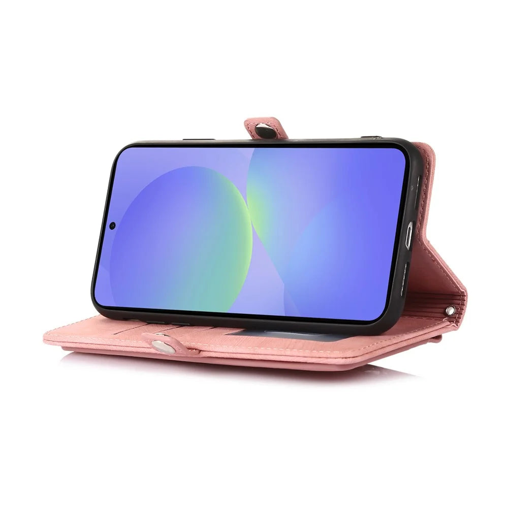 Phone Case For Google Pixel 10 / 10 Pro / 9 / 9 Pro , Zipper Pocket 9 Card Slots PU Leather Cover with Wrist Strap - Rose Gold - 3
