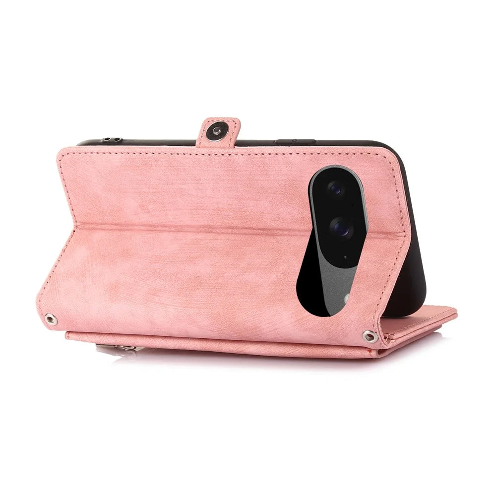 Phone Case For Google Pixel 10 / 10 Pro / 9 / 9 Pro , Zipper Pocket 9 Card Slots PU Leather Cover with Wrist Strap - Rose Gold - 4