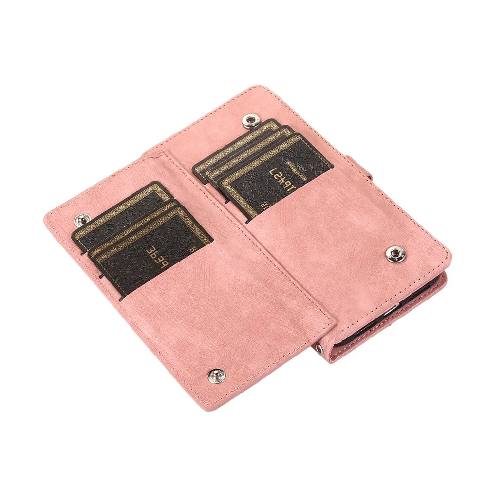Phone Case For Google Pixel 10 / 10 Pro / 9 / 9 Pro , Zipper Pocket 9 Card Slots PU Leather Cover with Wrist Strap - Rose Gold - 5