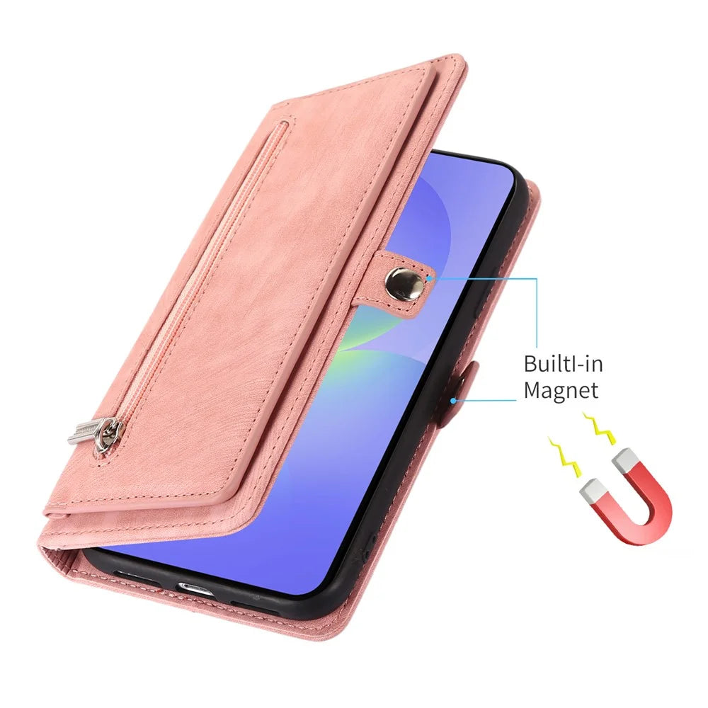 Phone Case For Google Pixel 10 / 10 Pro / 9 / 9 Pro , Zipper Pocket 9 Card Slots PU Leather Cover with Wrist Strap - Rose Gold - 6