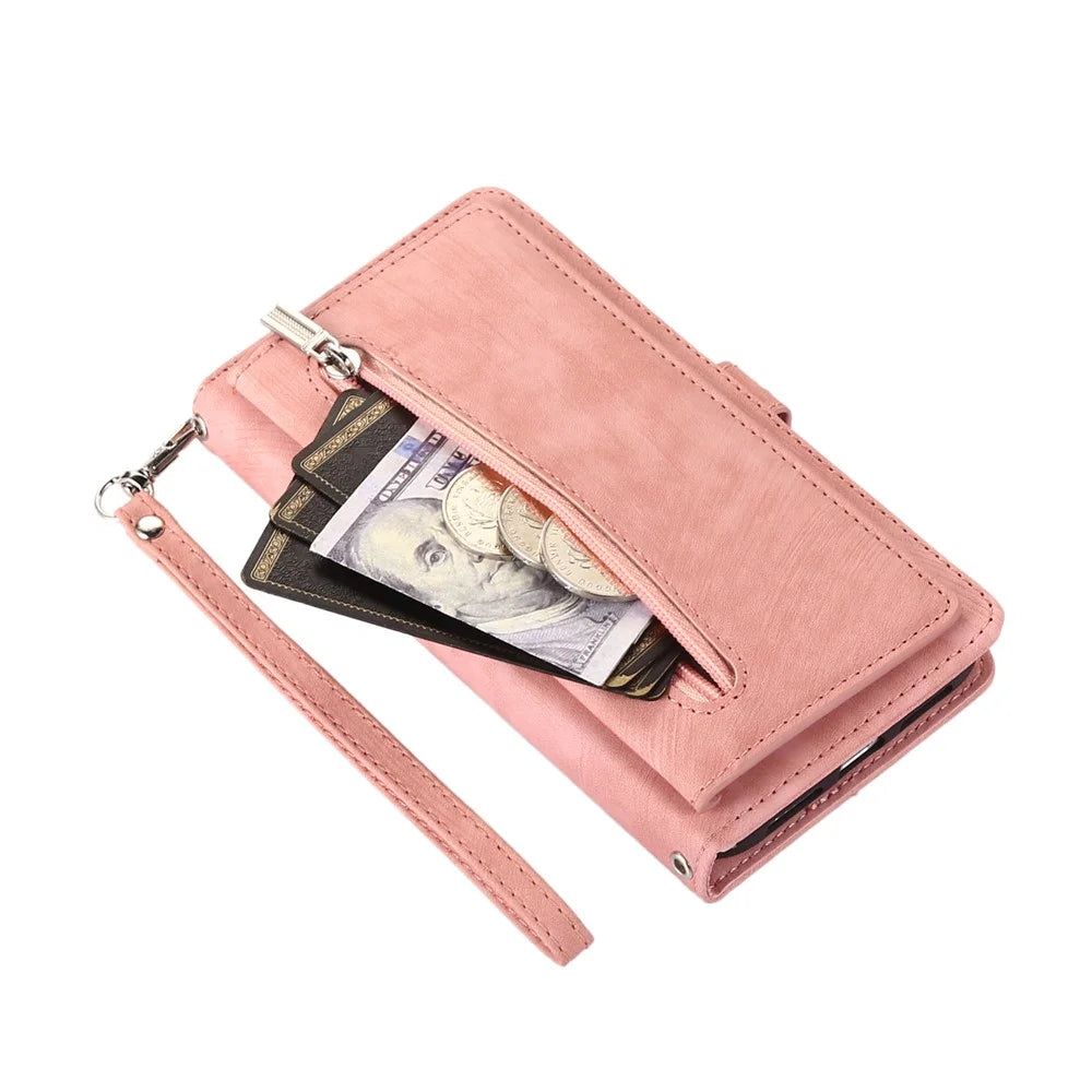 Phone Case For Google Pixel 10 / 10 Pro / 9 / 9 Pro , Zipper Pocket 9 Card Slots PU Leather Cover with Wrist Strap - Rose Gold - 7