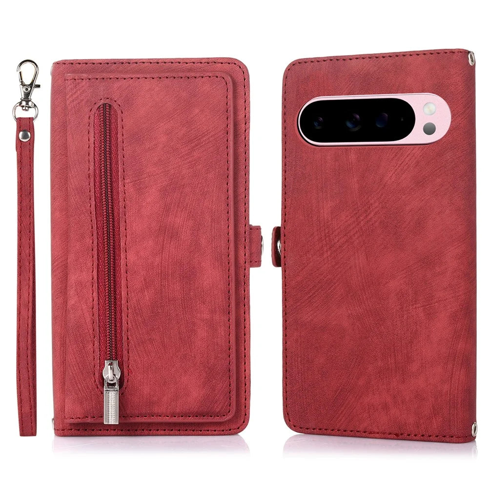 For Google Pixel 10 Pro XL / 9 Pro XL Case Zipper Pocket 9 Card Slots PU Leather Phone Cover with Wrist Strap - Red - 1