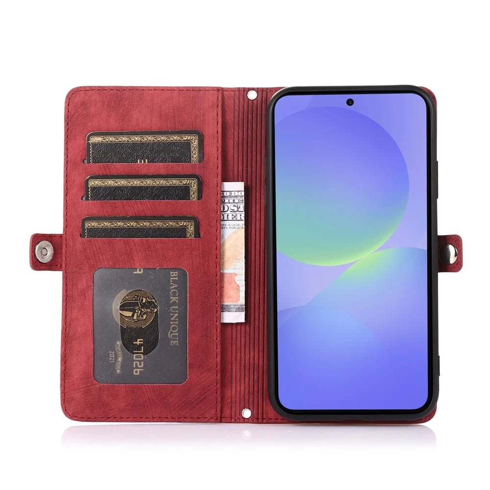 For Google Pixel 10 Pro XL / 9 Pro XL Case Zipper Pocket 9 Card Slots PU Leather Phone Cover with Wrist Strap - Red - 2