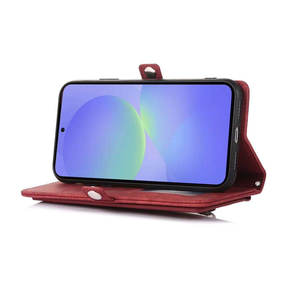 For Google Pixel 10 Pro XL / 9 Pro XL Case Zipper Pocket 9 Card Slots PU Leather Phone Cover with Wrist Strap - Red - 3