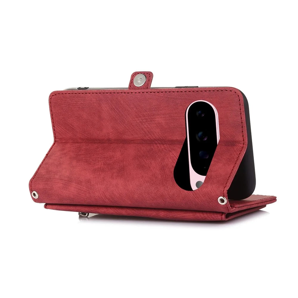 For Google Pixel 10 Pro XL / 9 Pro XL Case Zipper Pocket 9 Card Slots PU Leather Phone Cover with Wrist Strap - Red - 4