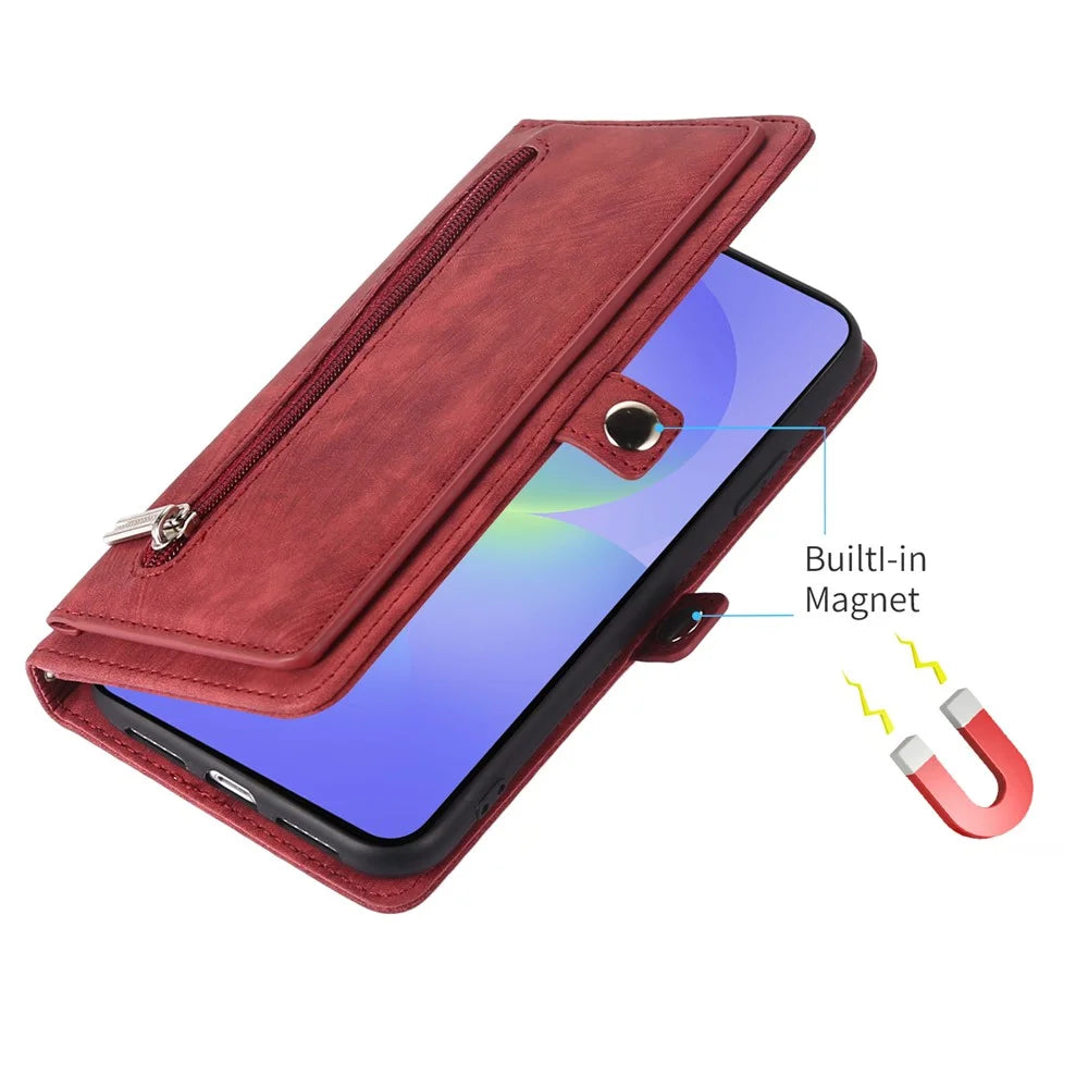 For Google Pixel 10 Pro XL / 9 Pro XL Case Zipper Pocket 9 Card Slots PU Leather Phone Cover with Wrist Strap - Red - 6