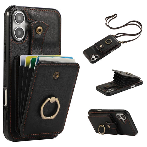 For iPhone 16 Case Card Holder Ring Kickstand TPU + PU Leather Phone Cover with Long Strap - Black - 1