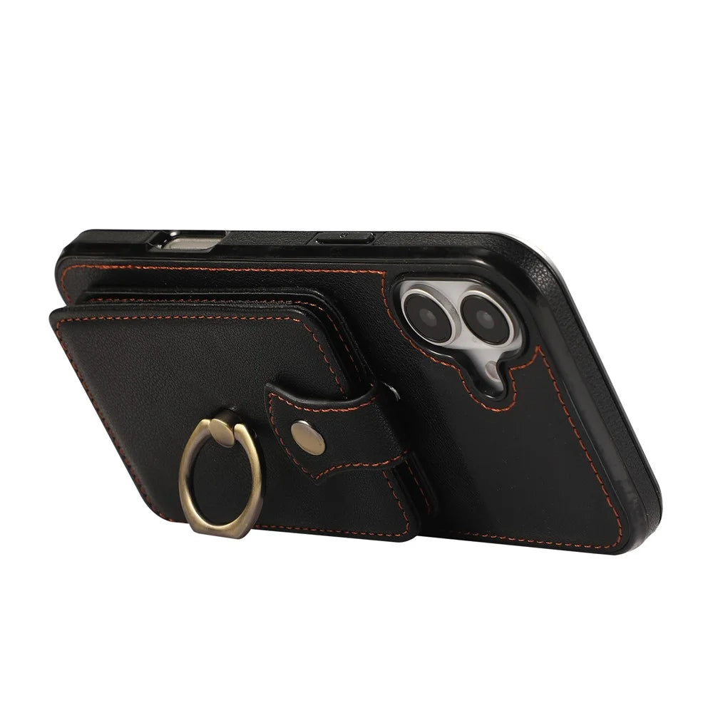 For iPhone 16 Case Card Holder Ring Kickstand TPU + PU Leather Phone Cover with Long Strap - Black - 3