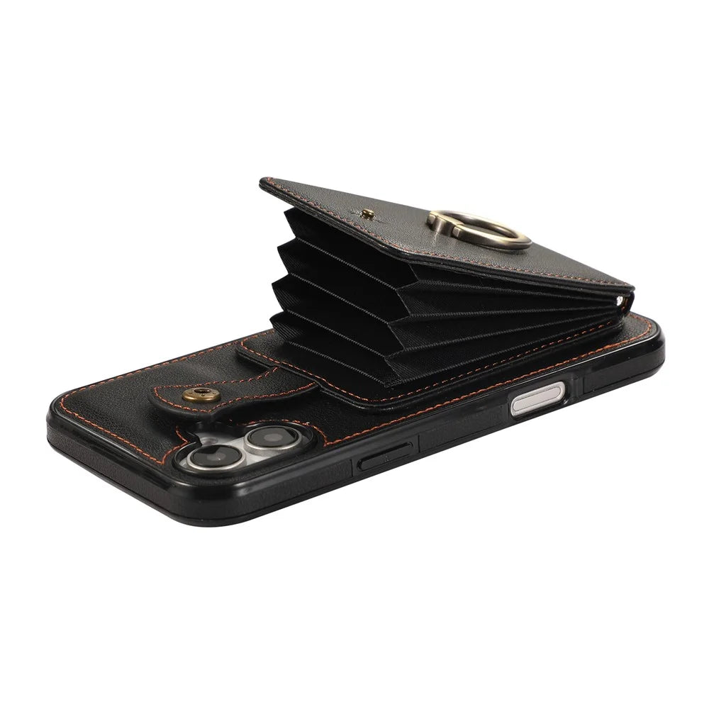 For iPhone 16 Case Card Holder Ring Kickstand TPU + PU Leather Phone Cover with Long Strap - Black - 4
