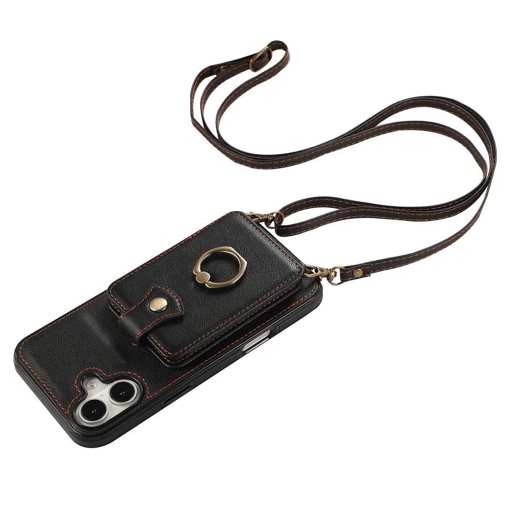 For iPhone 16 Case Card Holder Ring Kickstand TPU + PU Leather Phone Cover with Long Strap - Black - 5