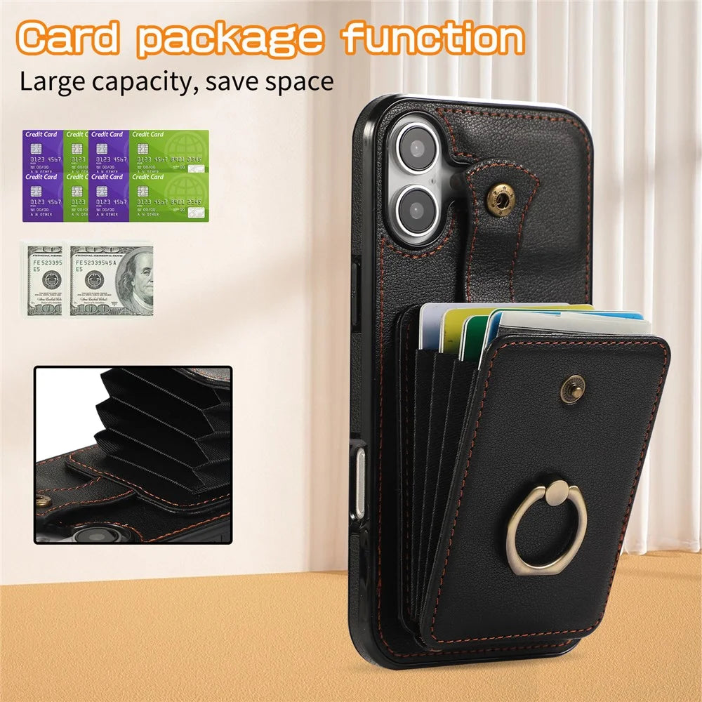 For iPhone 16 Case Card Holder Ring Kickstand TPU + PU Leather Phone Cover with Long Strap - Black - 6