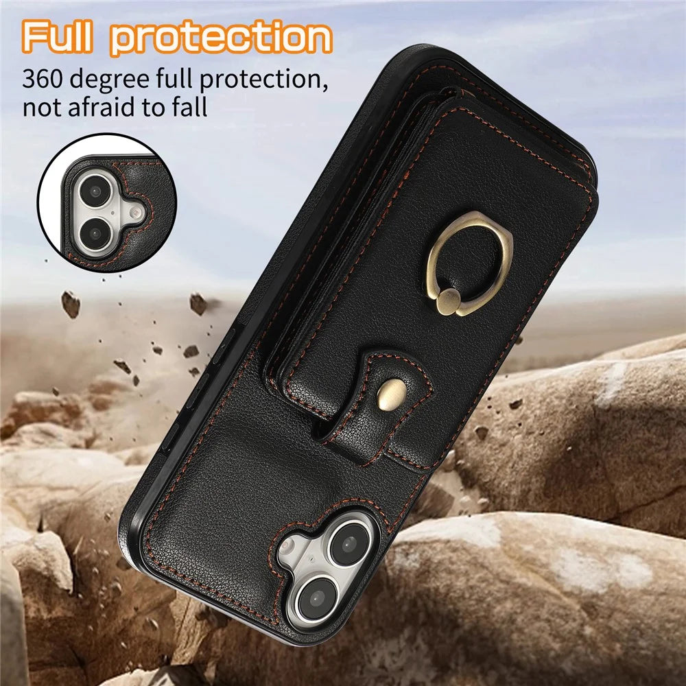 For iPhone 16 Case Card Holder Ring Kickstand TPU + PU Leather Phone Cover with Long Strap - Black - 7