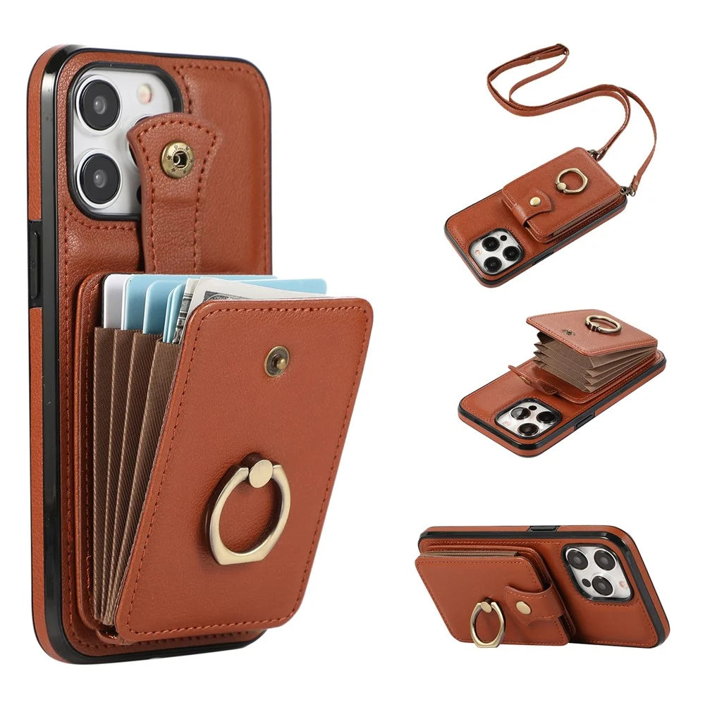 For iPhone 15 Pro Max Case Card Holder Ring Kickstand TPU + PU Leather Phone Cover with Long Strap - Brown - 1
