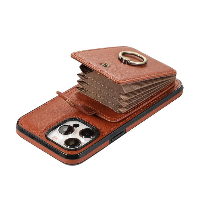 For iPhone 15 Pro Max Case Card Holder Ring Kickstand TPU + PU Leather Phone Cover with Long Strap - Brown - 4