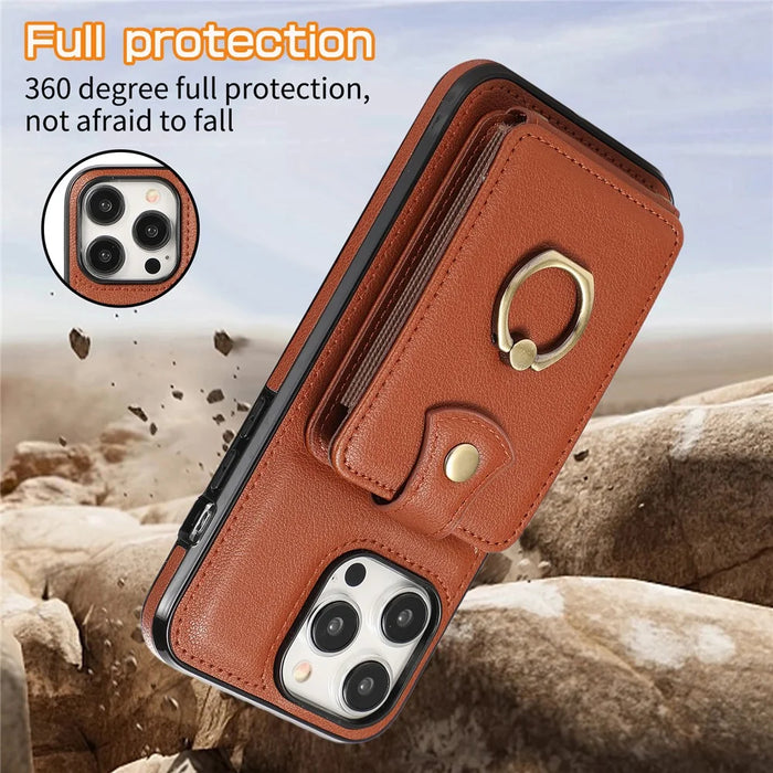 For iPhone 15 Pro Max Case Card Holder Ring Kickstand TPU + PU Leather Phone Cover with Long Strap - Brown - 6