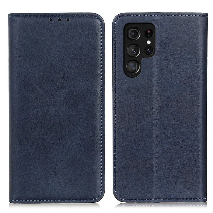 For Samsung Galaxy S23 Ultra Anti-scratch Magnetic Auto Closing Phone Case Cowhide Texture Split Leather Flip Wallet Cover with Stand - Blue - 1