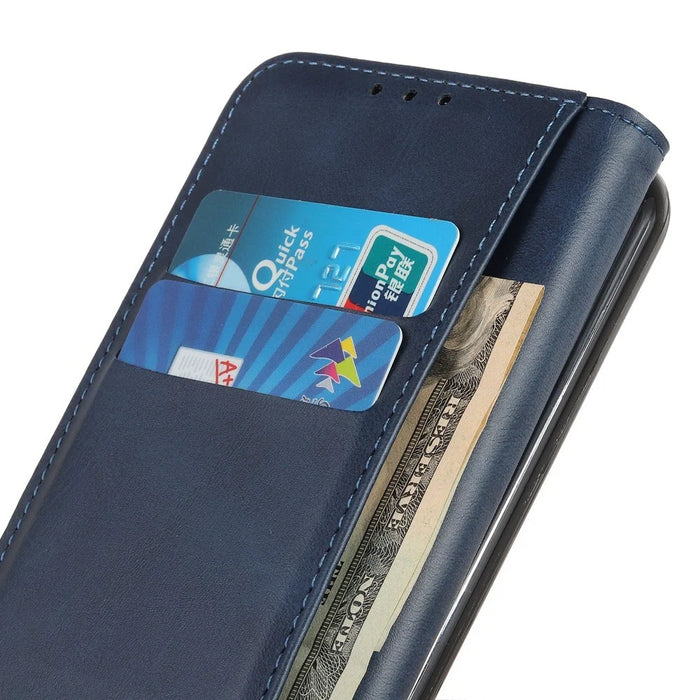 For Samsung Galaxy S23 Ultra Anti-scratch Magnetic Auto Closing Phone Case Cowhide Texture Split Leather Flip Wallet Cover with Stand - Blue - 4