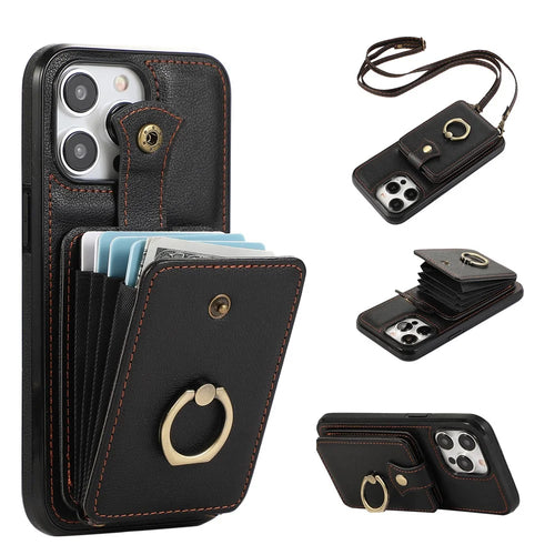 For iPhone 15 Pro Case Card Holder Ring Kickstand TPU + PU Leather Phone Cover with Long Strap - Black - 1