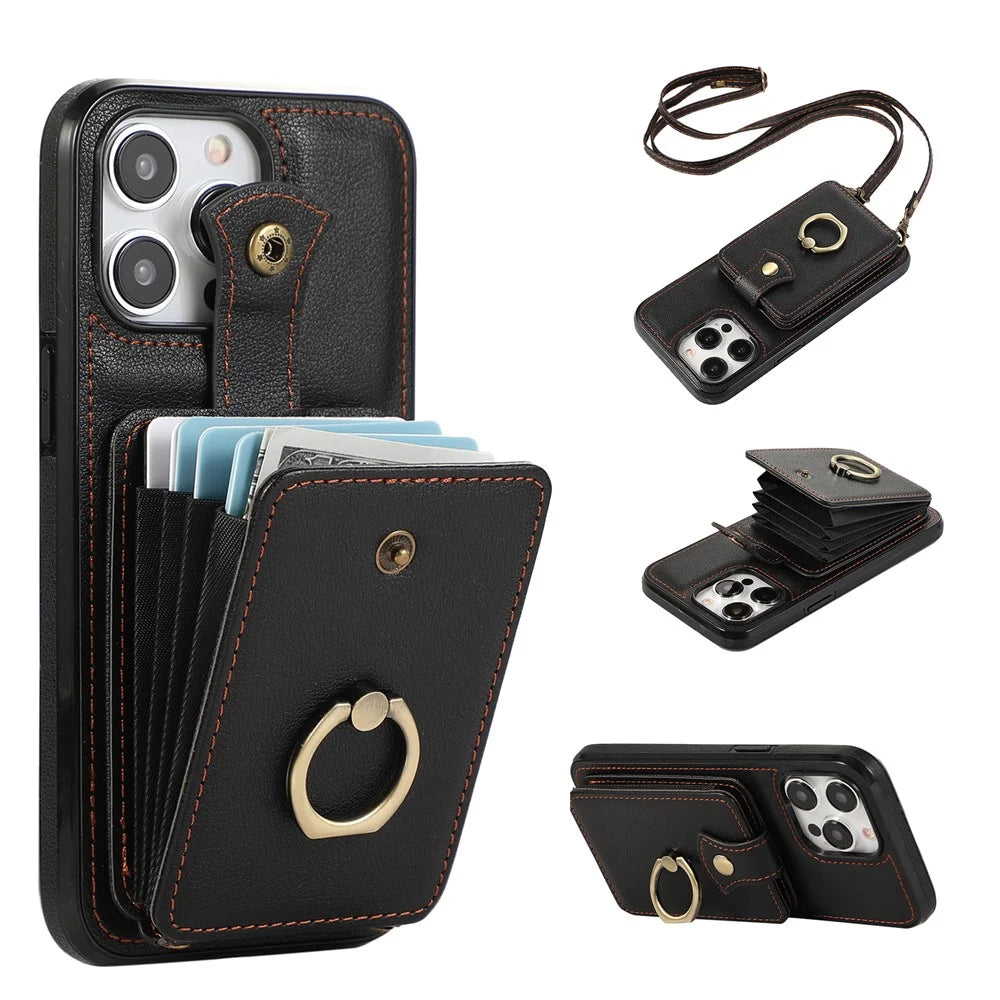 For iPhone 15 Pro Case Card Holder Ring Kickstand TPU + PU Leather Phone Cover with Long Strap - Black - 1