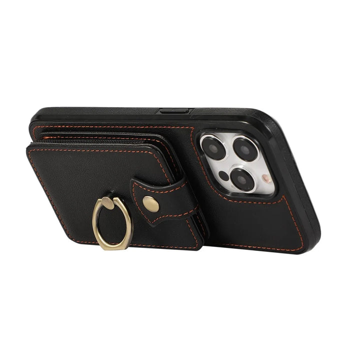 For iPhone 15 Pro Case Card Holder Ring Kickstand TPU + PU Leather Phone Cover with Long Strap - Black - 3