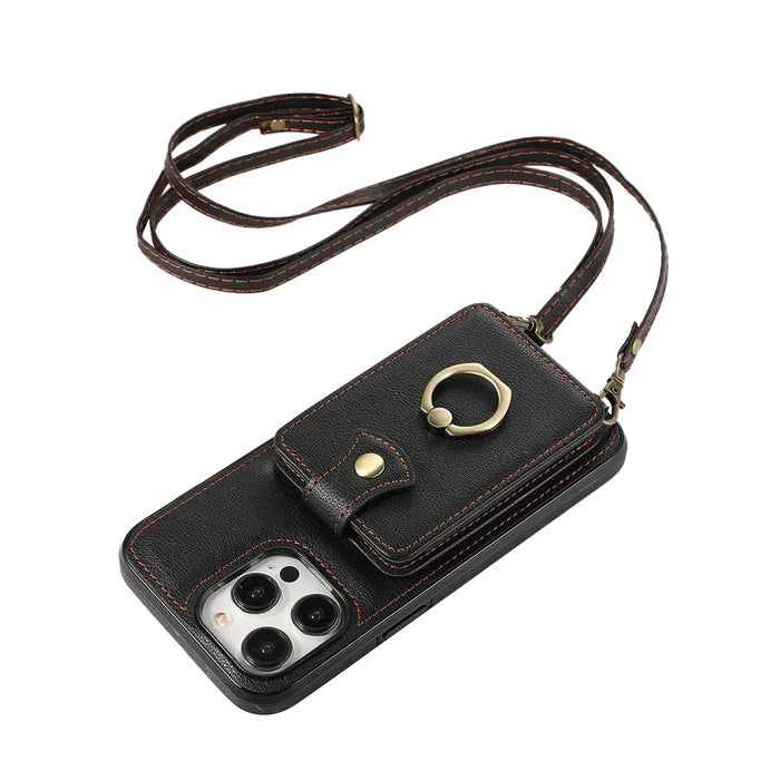 For iPhone 15 Pro Case Card Holder Ring Kickstand TPU + PU Leather Phone Cover with Long Strap - Black - 4