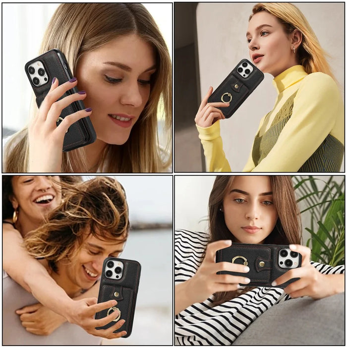 For iPhone 15 Pro Case Card Holder Ring Kickstand TPU + PU Leather Phone Cover with Long Strap - Black - 6