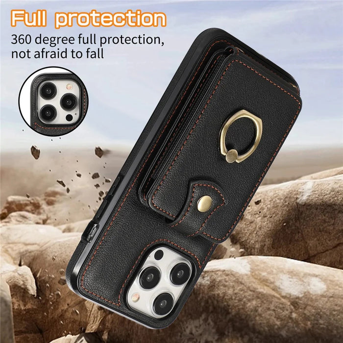 For iPhone 15 Pro Case Card Holder Ring Kickstand TPU + PU Leather Phone Cover with Long Strap - Black - 7