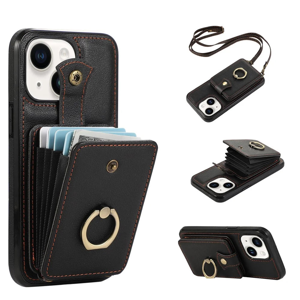 For iPhone 15 Case Card Holder Ring Kickstand TPU + PU Leather Phone Cover with Long Strap - Black - 1