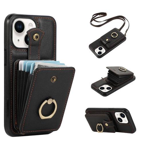 For iPhone 15 Case Card Holder Ring Kickstand TPU + PU Leather Phone Cover with Long Strap - Black - 1