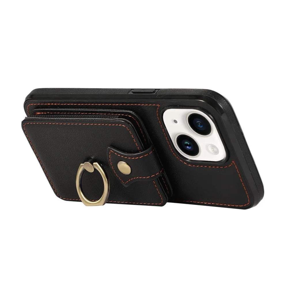 For iPhone 15 Case Card Holder Ring Kickstand TPU + PU Leather Phone Cover with Long Strap - Black - 2