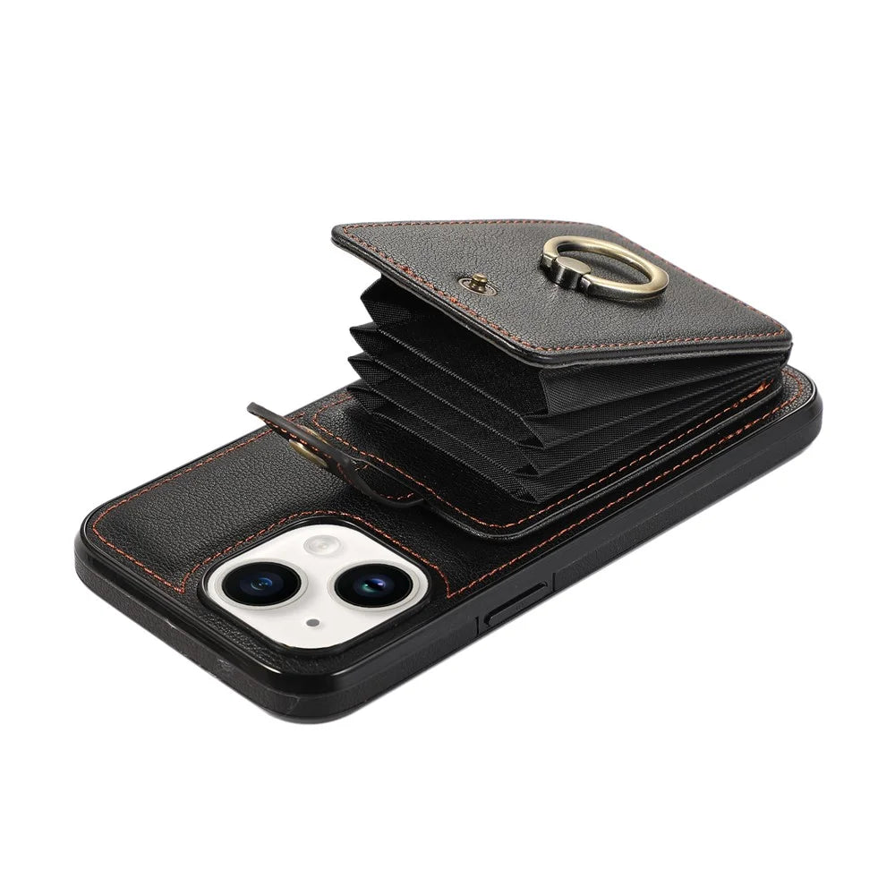 For iPhone 15 Case Card Holder Ring Kickstand TPU + PU Leather Phone Cover with Long Strap - Black - 3