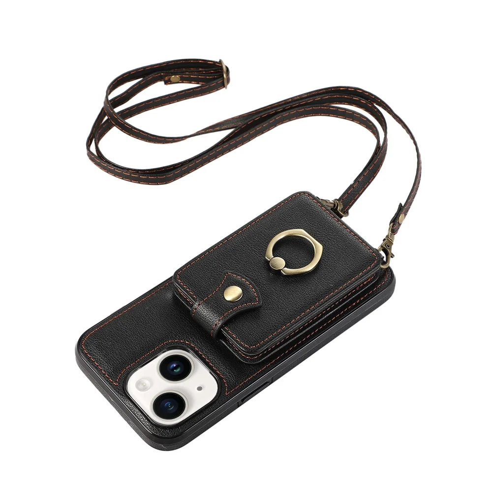 For iPhone 15 Case Card Holder Ring Kickstand TPU + PU Leather Phone Cover with Long Strap - Black - 4