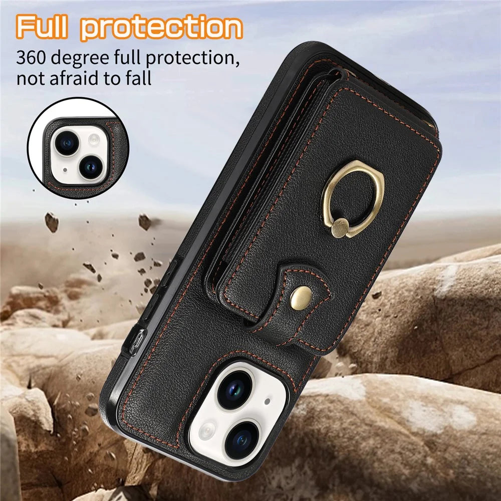 For iPhone 15 Case Card Holder Ring Kickstand TPU + PU Leather Phone Cover with Long Strap - Black - 5