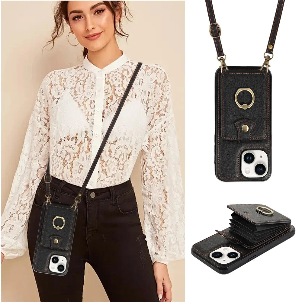 For iPhone 15 Case Card Holder Ring Kickstand TPU + PU Leather Phone Cover with Long Strap - Black - 6