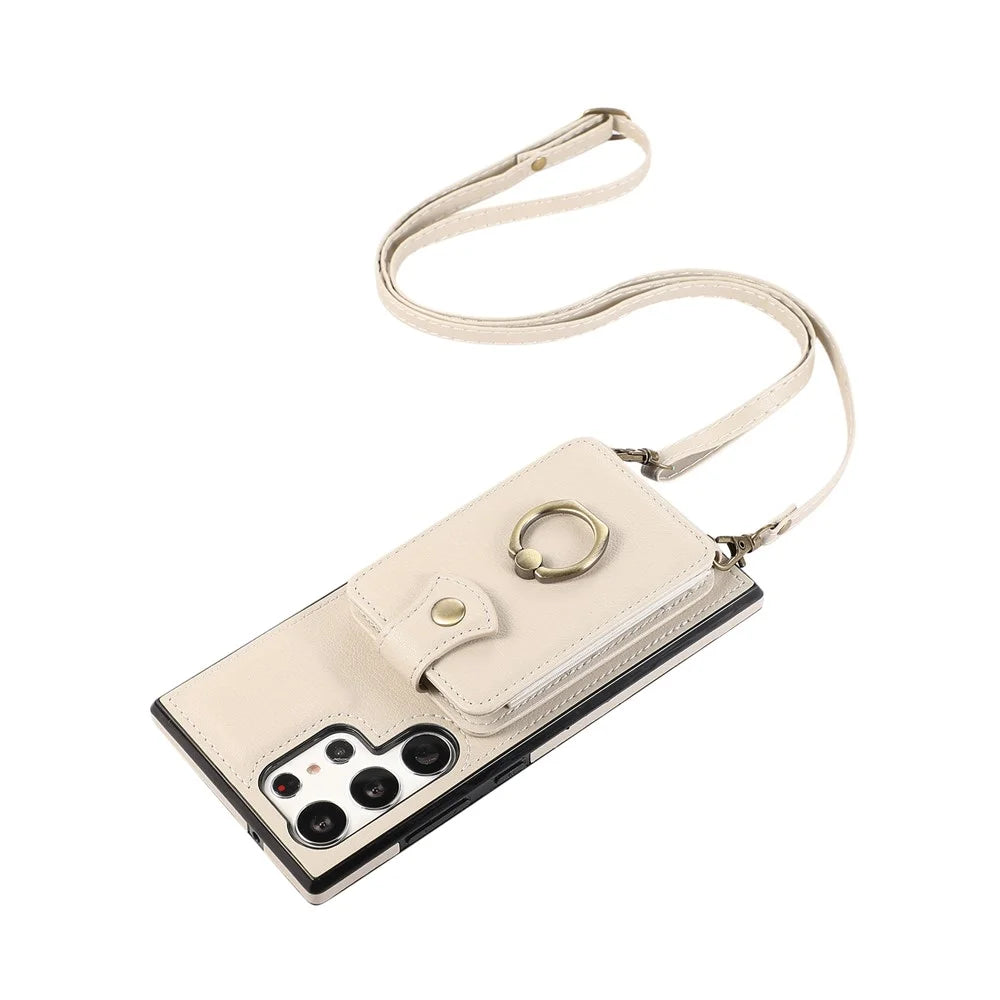 For Samsung Galaxy S25 Ultra Case Card Holder Ring Kickstand TPU + PU Leather Phone Cover with Long Strap - Beige - 5